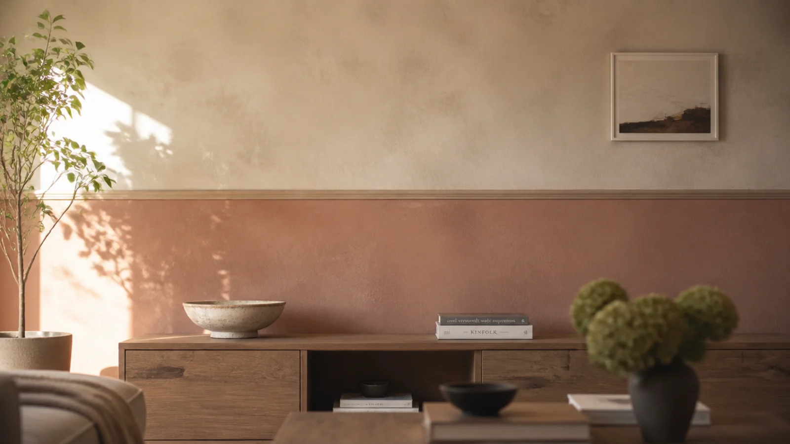limewashed wall in two clay tones meeting at a soft horizontal break