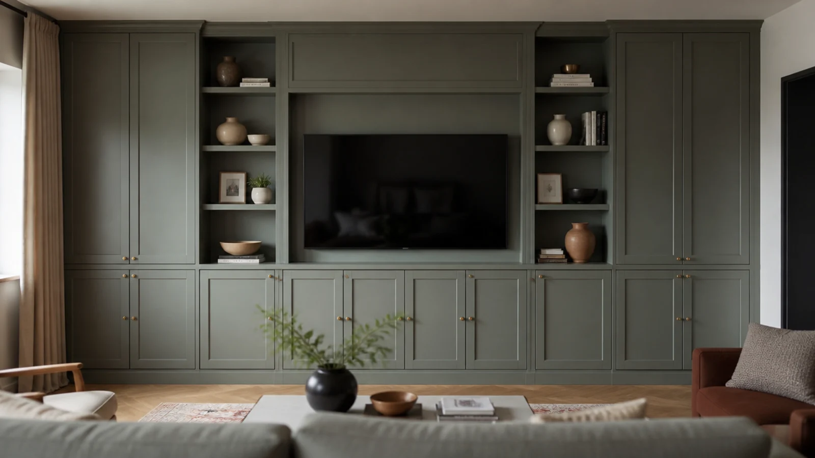 built in joinery wall with the television set into a shallow niche