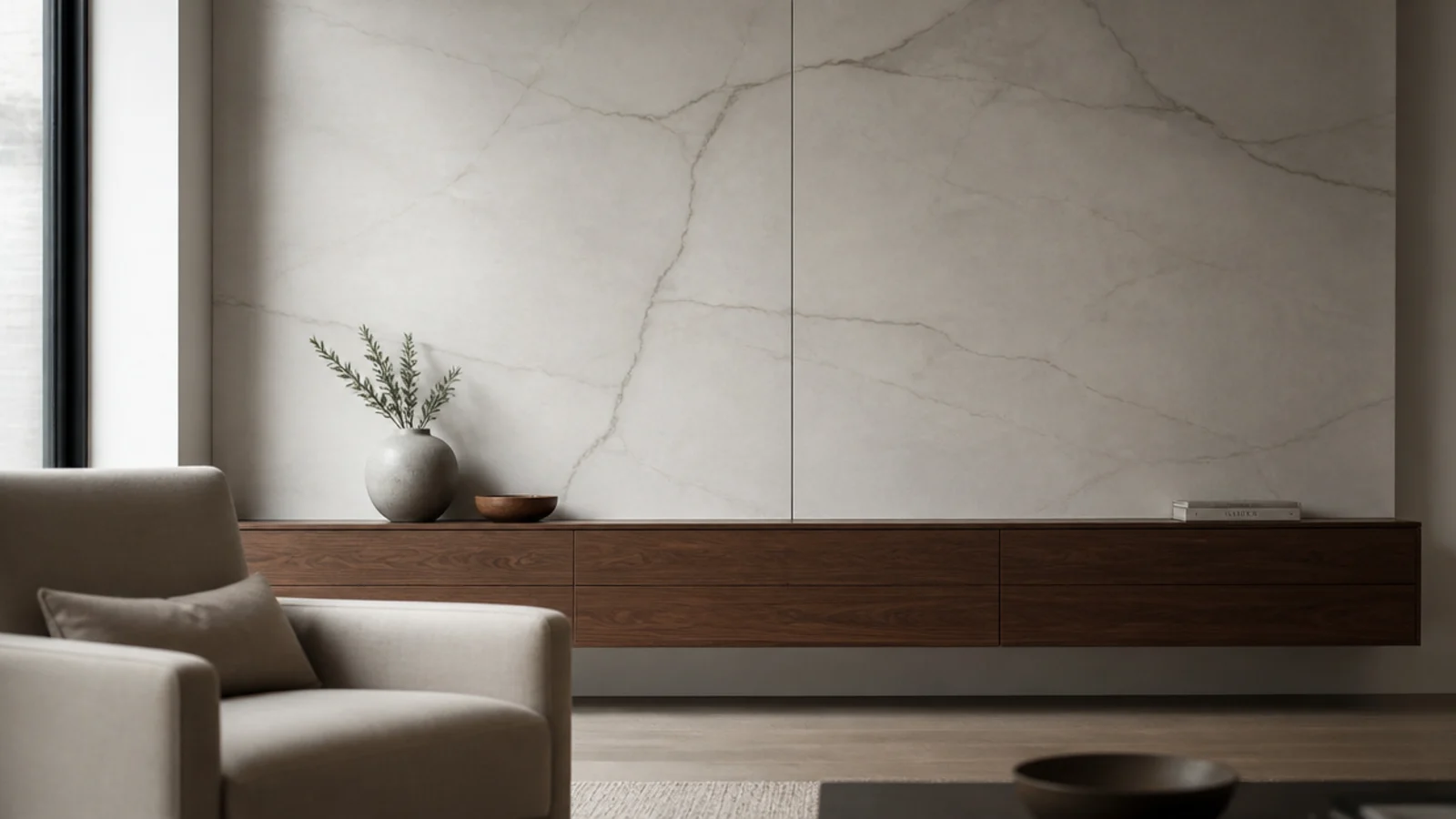 large format porcelain slab wall with pale veining behind a media unit