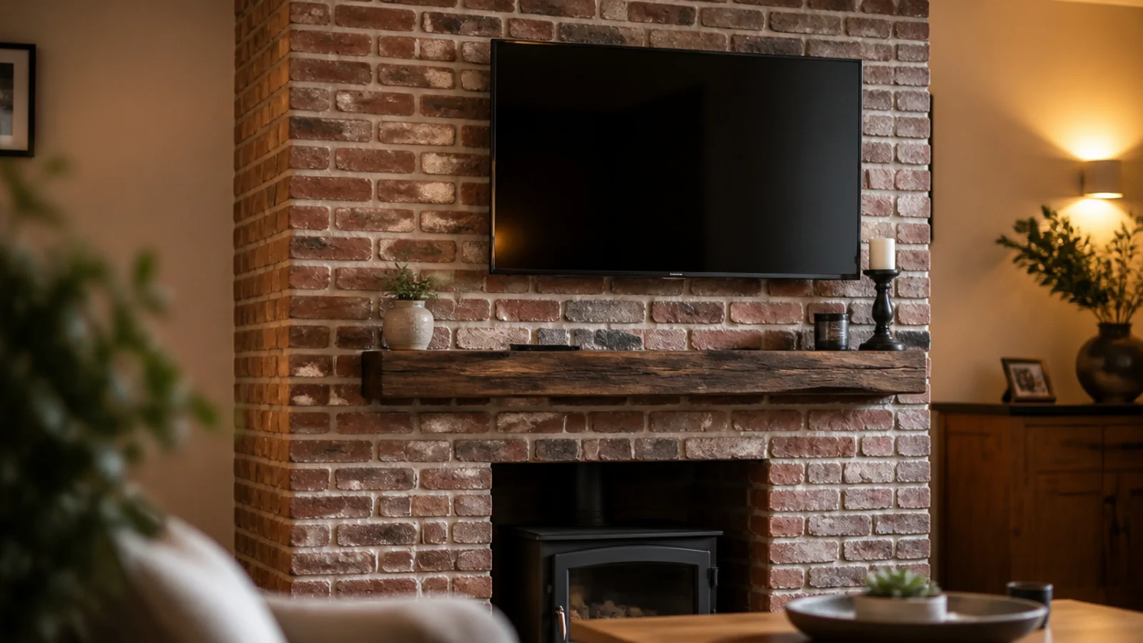 reclaimed brick slips covering a chimney breast behind a mounted screen