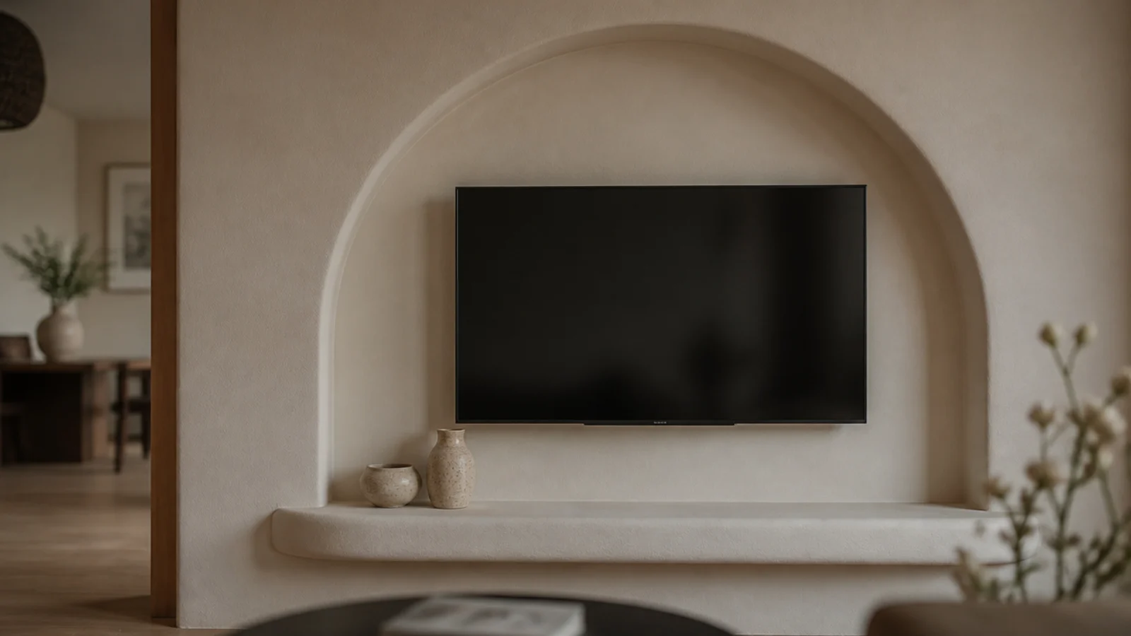 plastered arch recess framing a television on a warm plaster wall