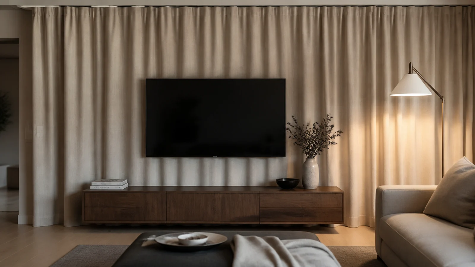 full height linen curtain running behind a television and console