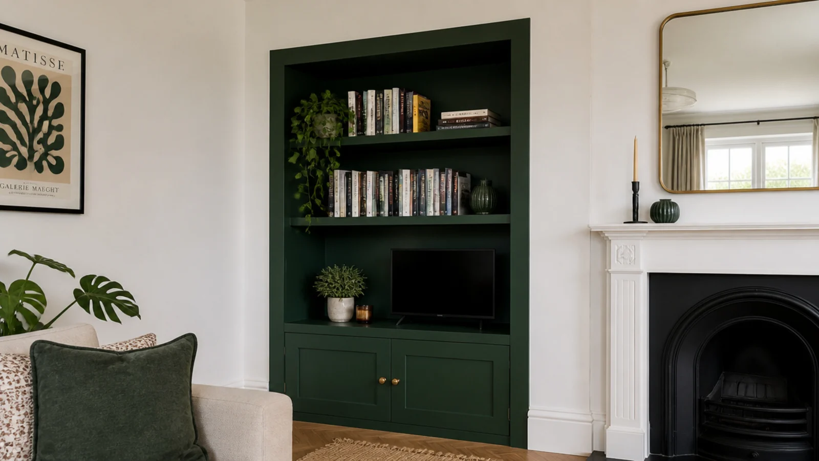 alcove painted deep green including walls ceiling and shelving inside