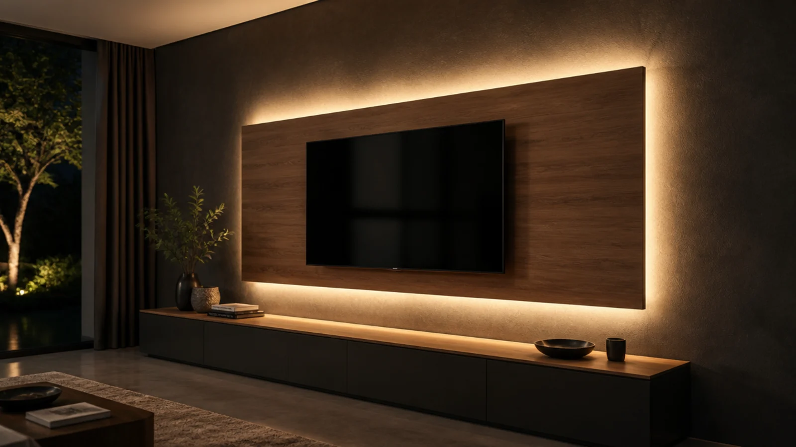 warm led glow washing the wall behind a floating media panel