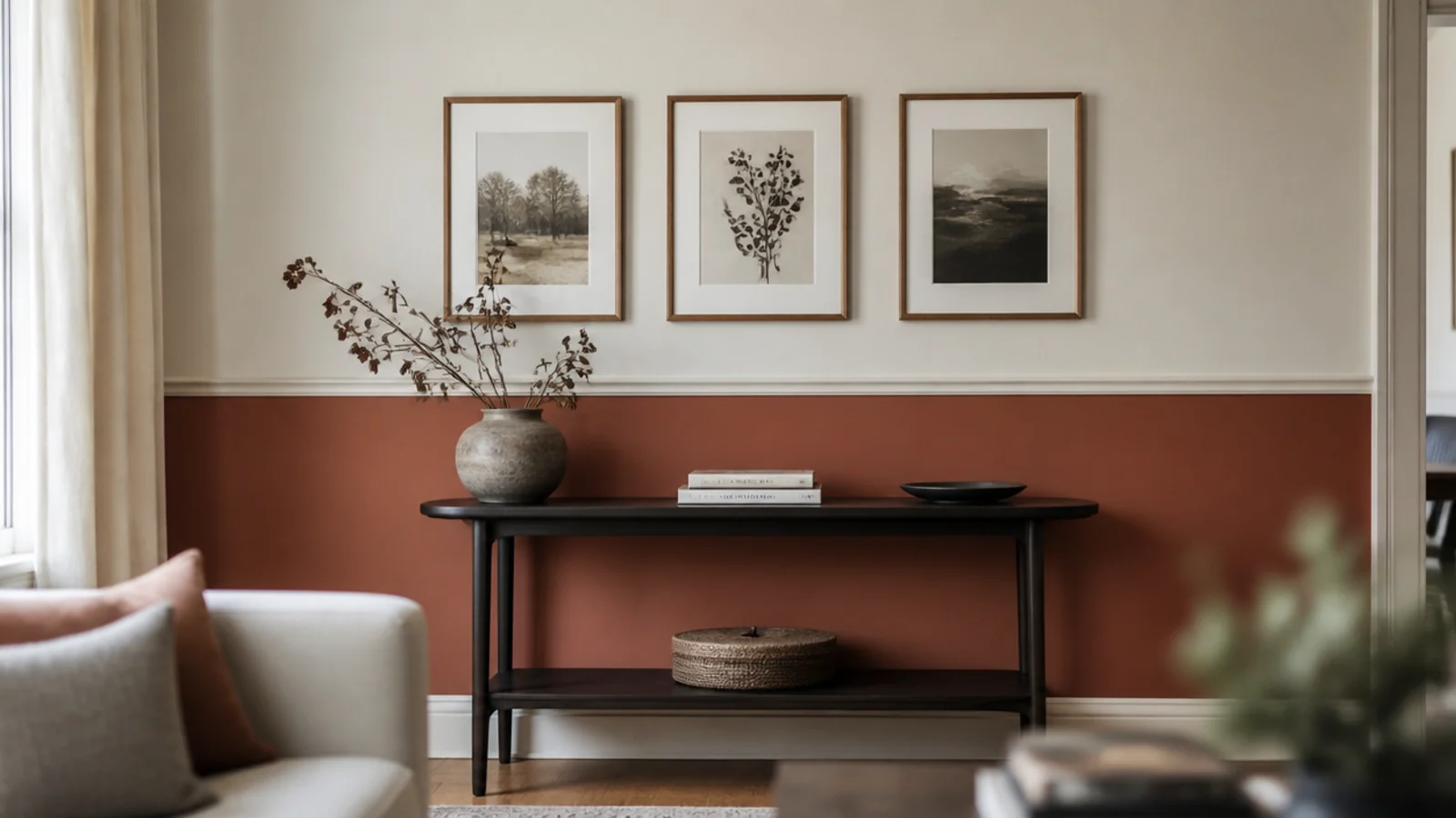 wall split horizontally into two paint tones at chair rail height