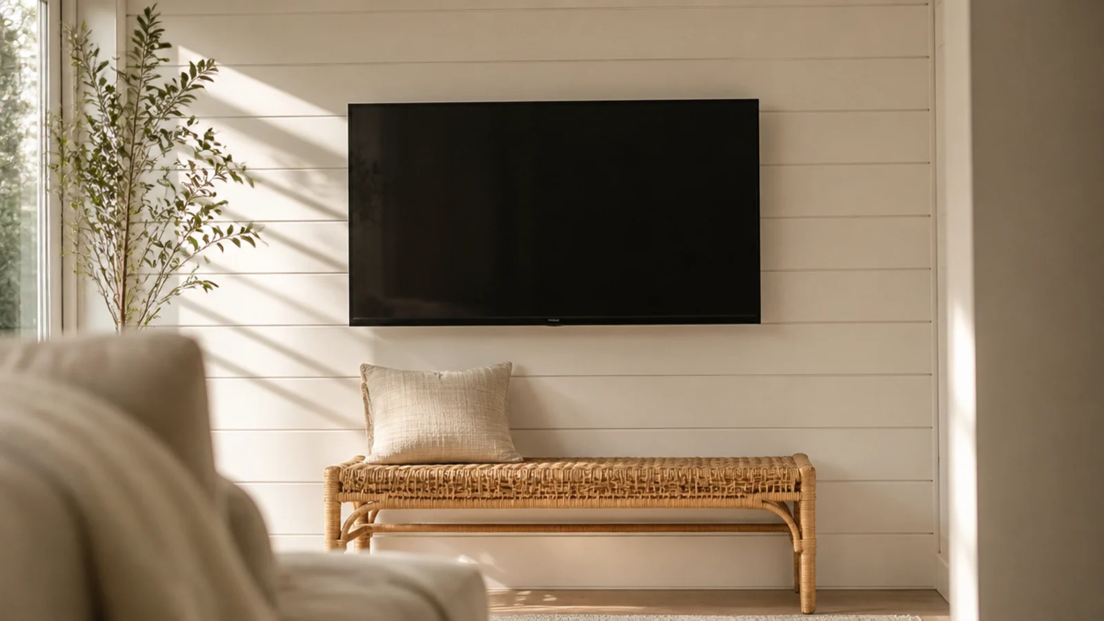 horizontal painted shiplap boards widening a narrow living room wall