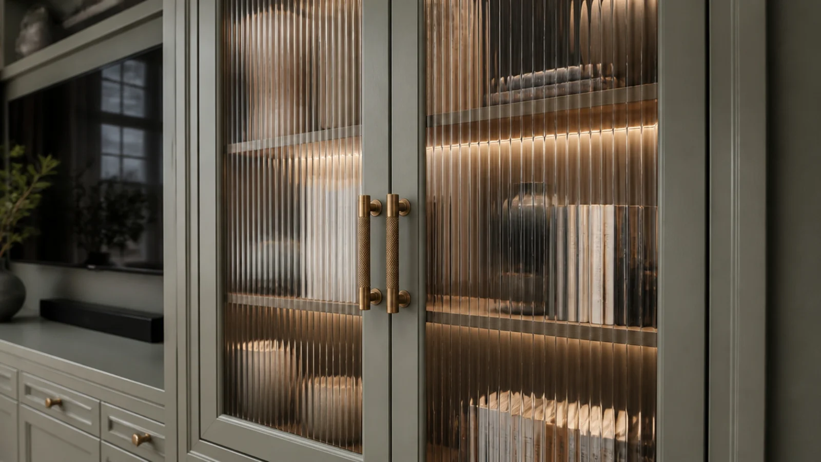 reeded glass cabinet doors flanking a mounted screen on a media wall