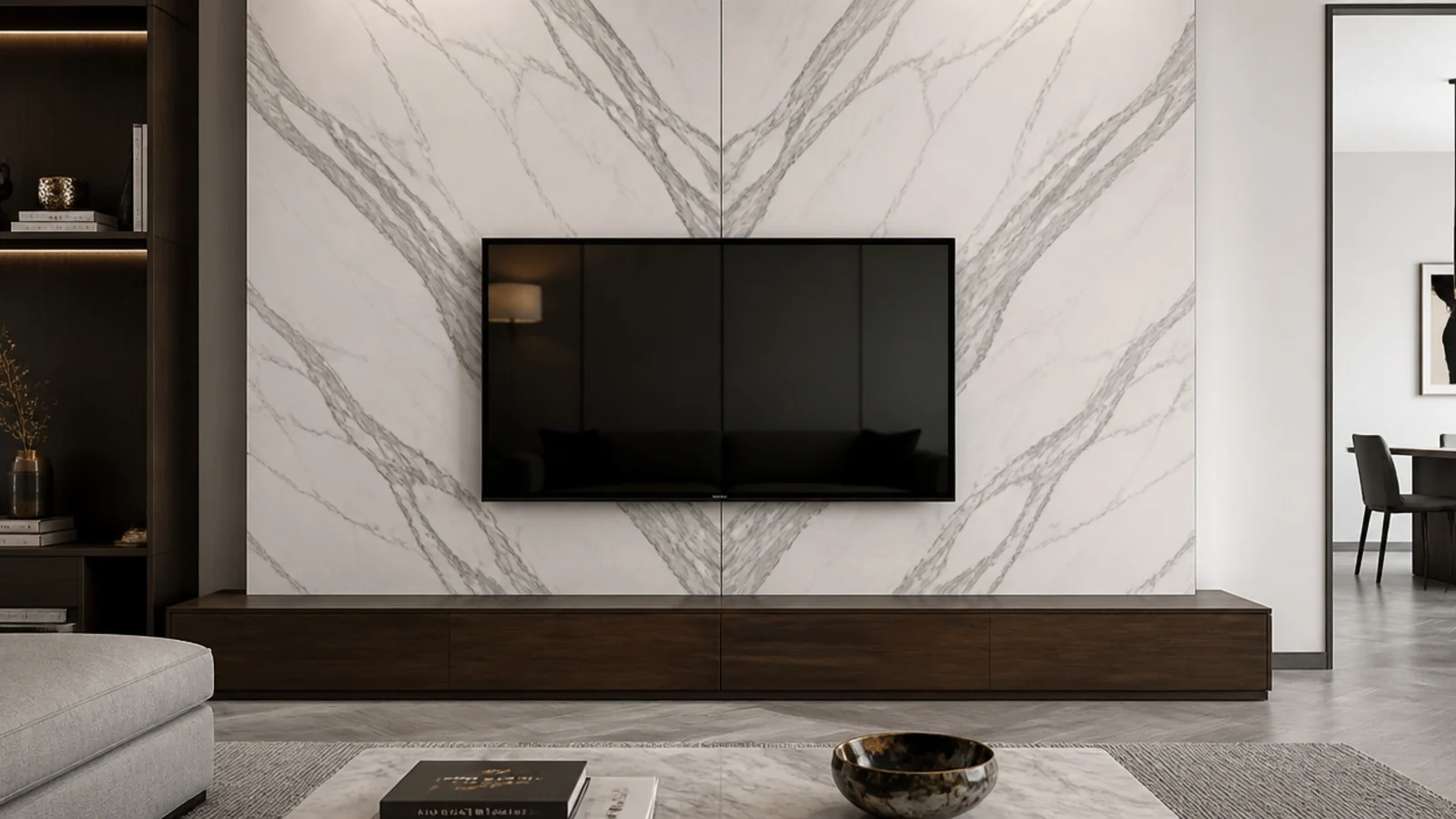 bookmatched stone slab panel with symmetrical veining behind a screen
