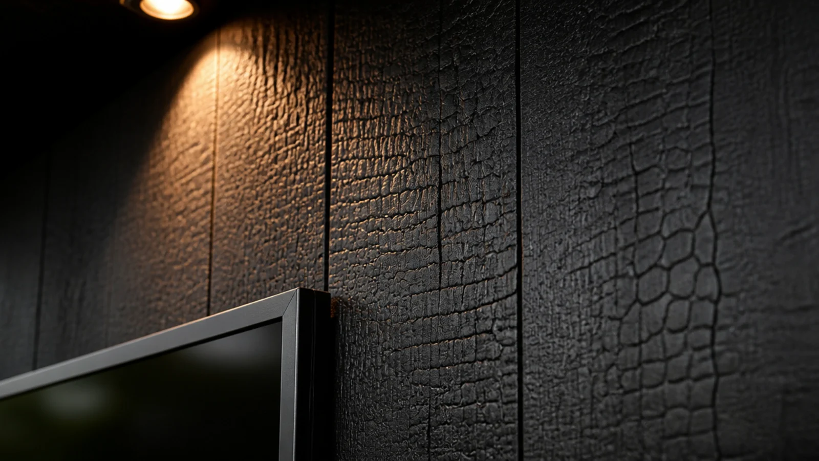 charred timber cladding in matt black behind a mounted flat screen