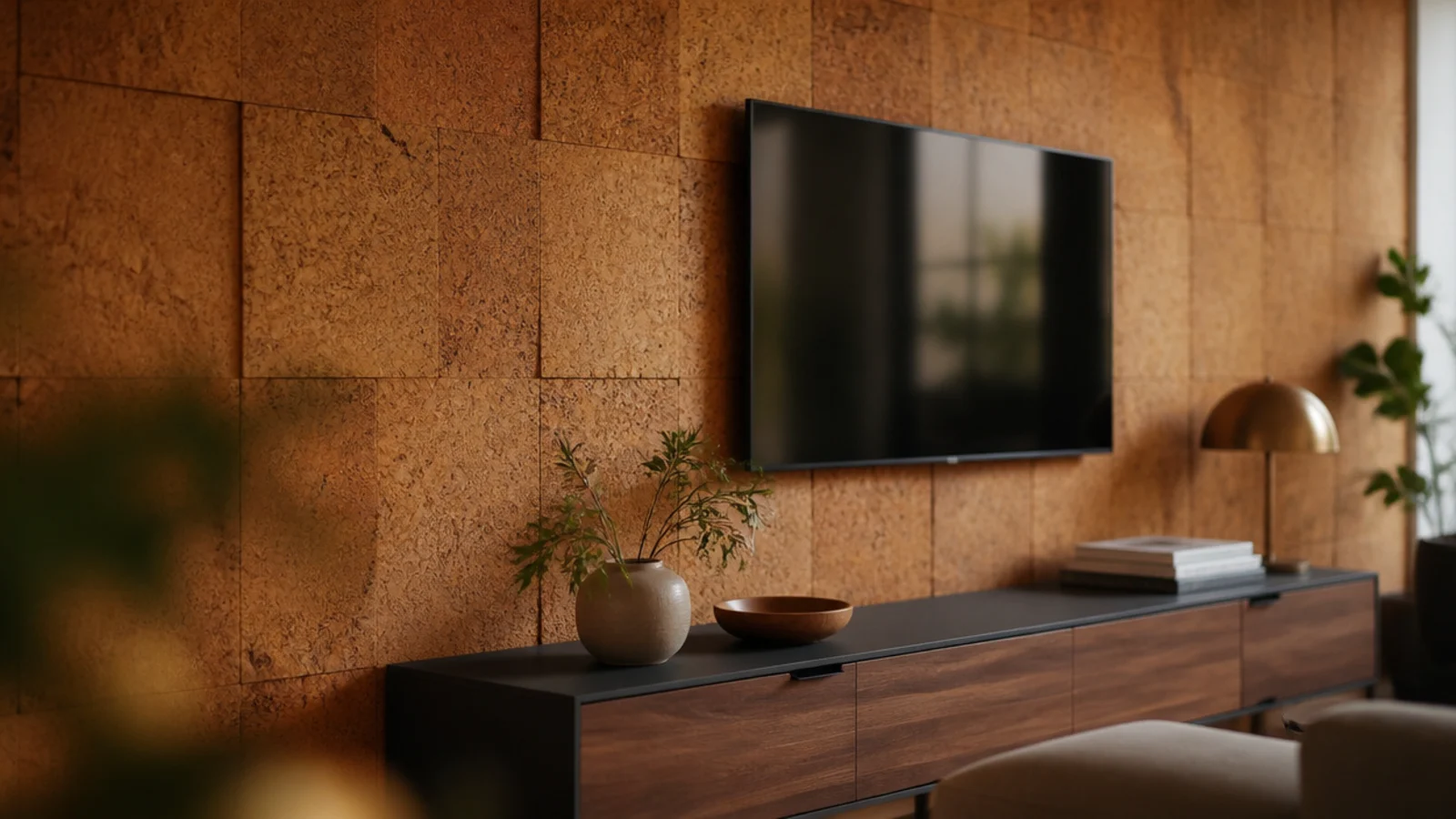 natural cork wall tiles in warm amber tones behind a media console