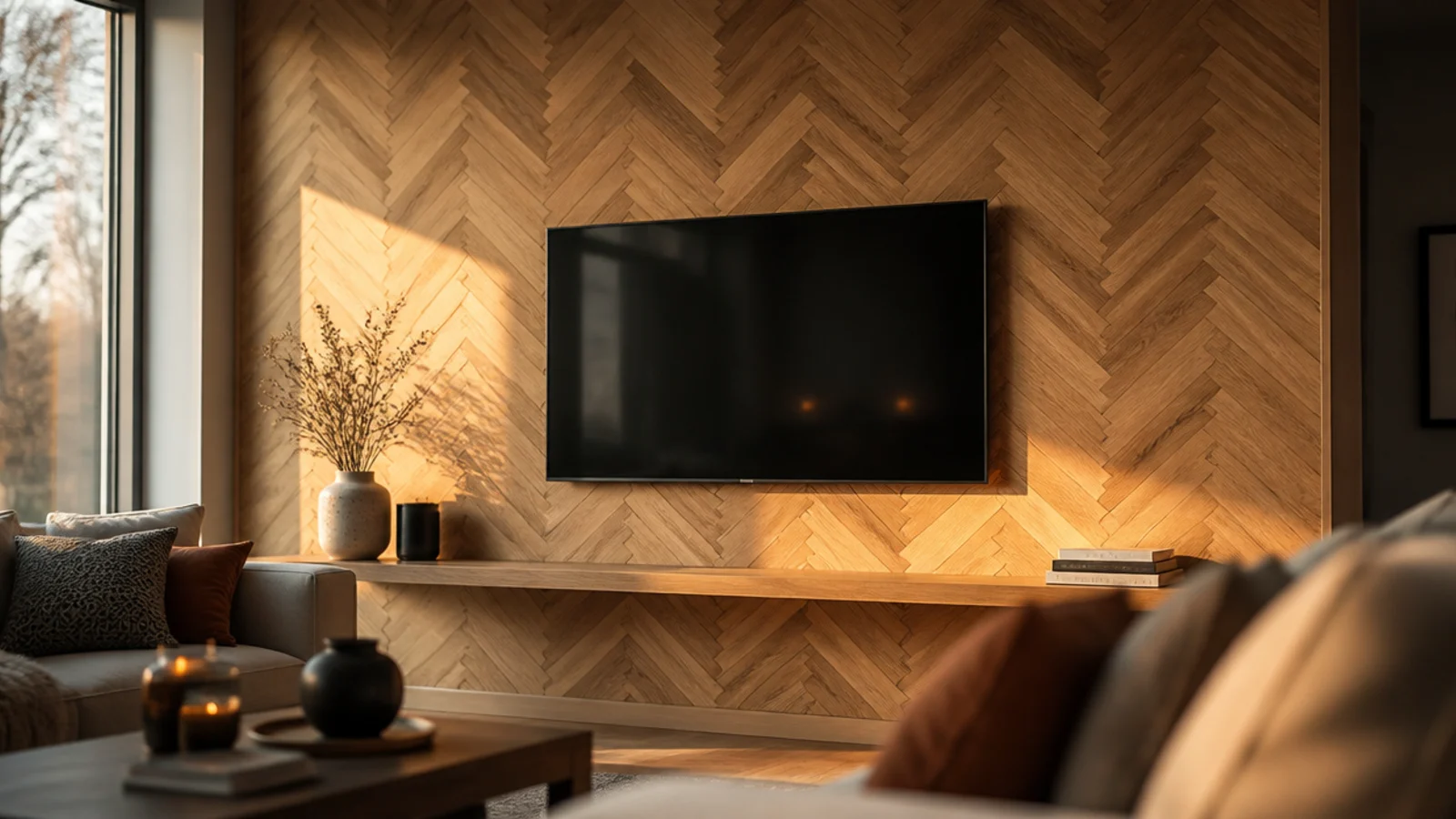 herringbone timber cladding running across a living room feature wall