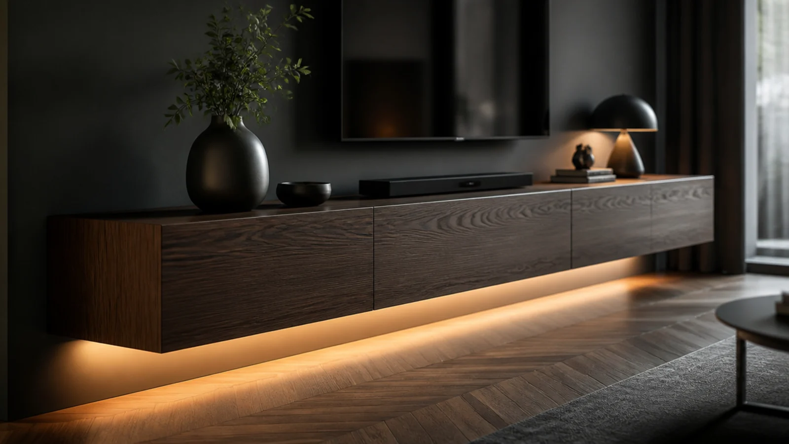 floating media cabinet with a lit recess glowing under its base