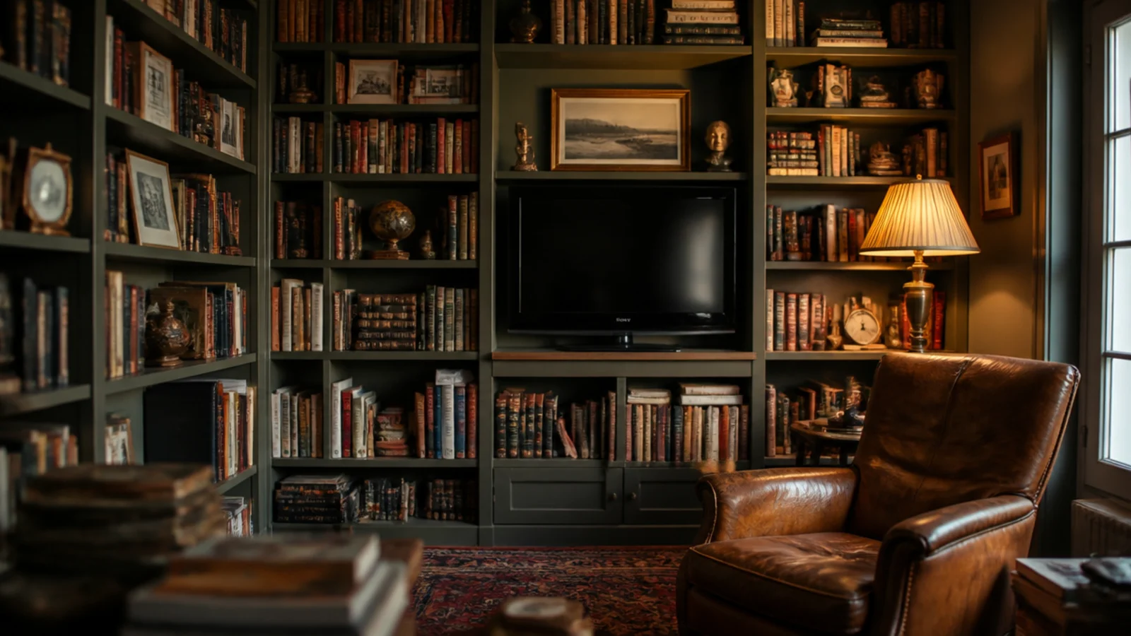full wall bookshelf with a television recessed among stacked books