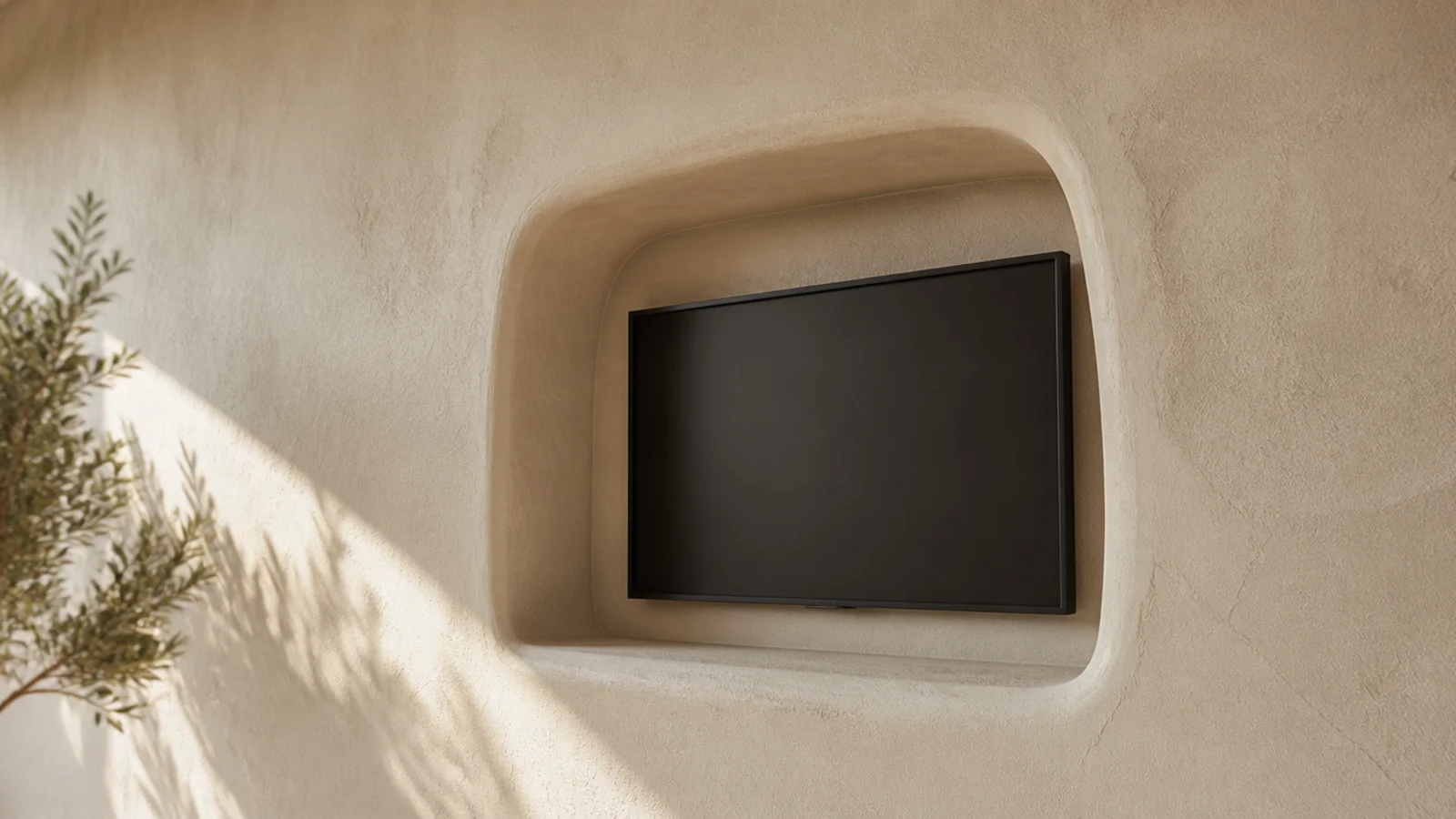 hand textured plaster wall with a shallow niche holding a small screen