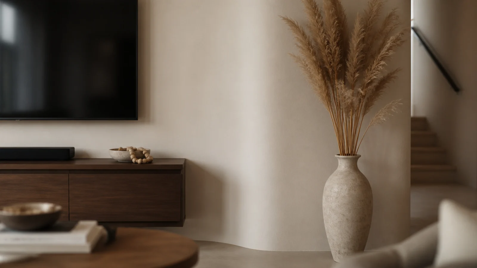 curved plaster return softening the corner of a media wall