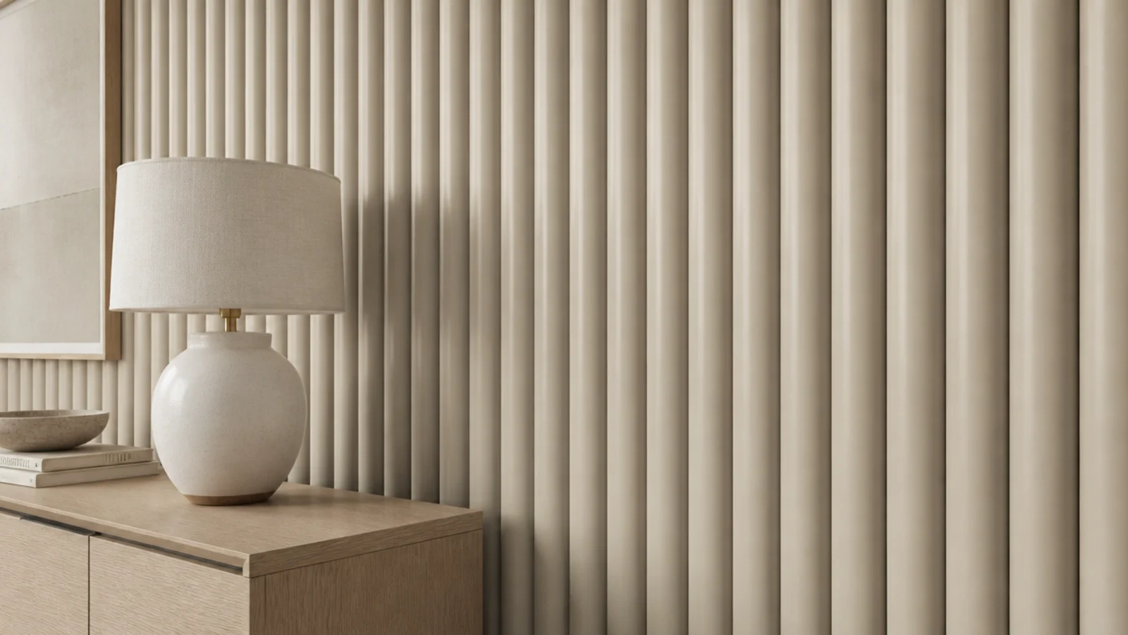 half round timber battens running vertically across a painted wall