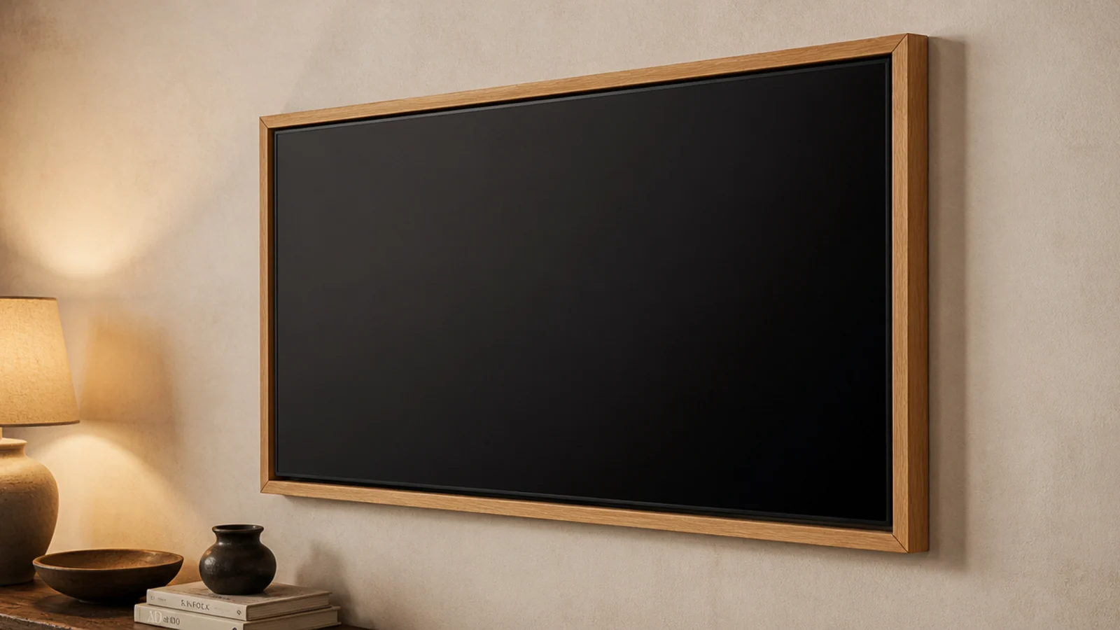 thin oak frame built around a wall mounted screen like artwork