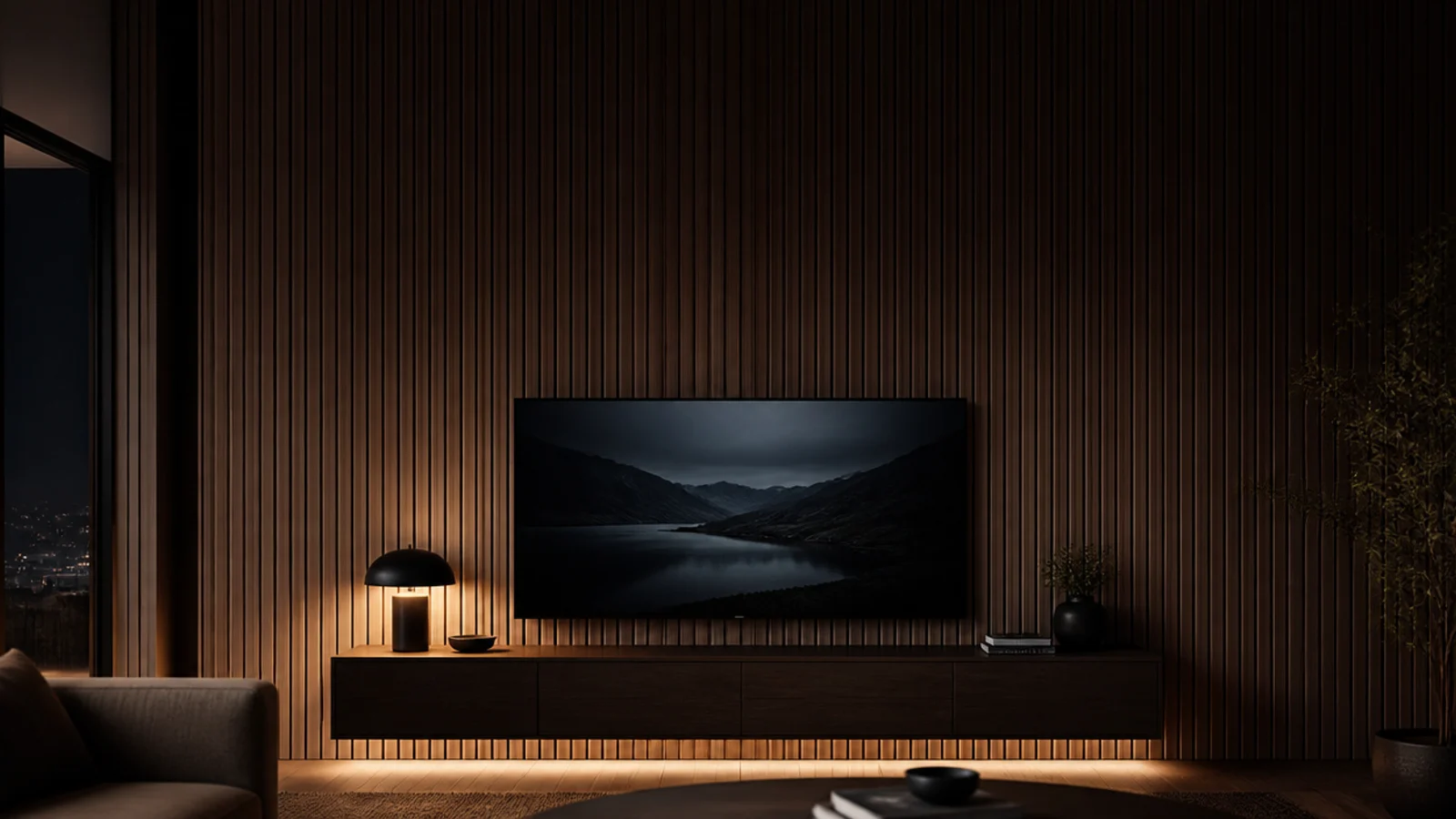 tall shot of a slatted tv wall design with lit floating cabinet