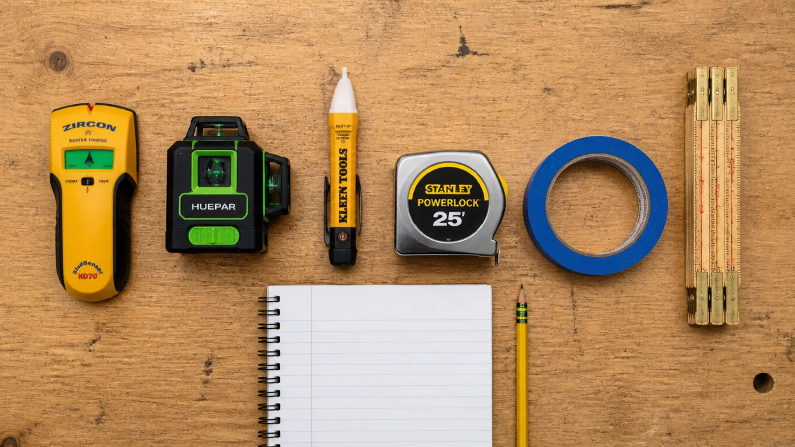 planning tools laid out including stud finder level and voltage detector