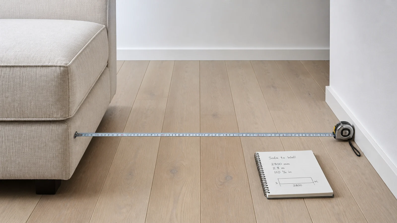 tape measure running from the front of a sofa cushion to the wall