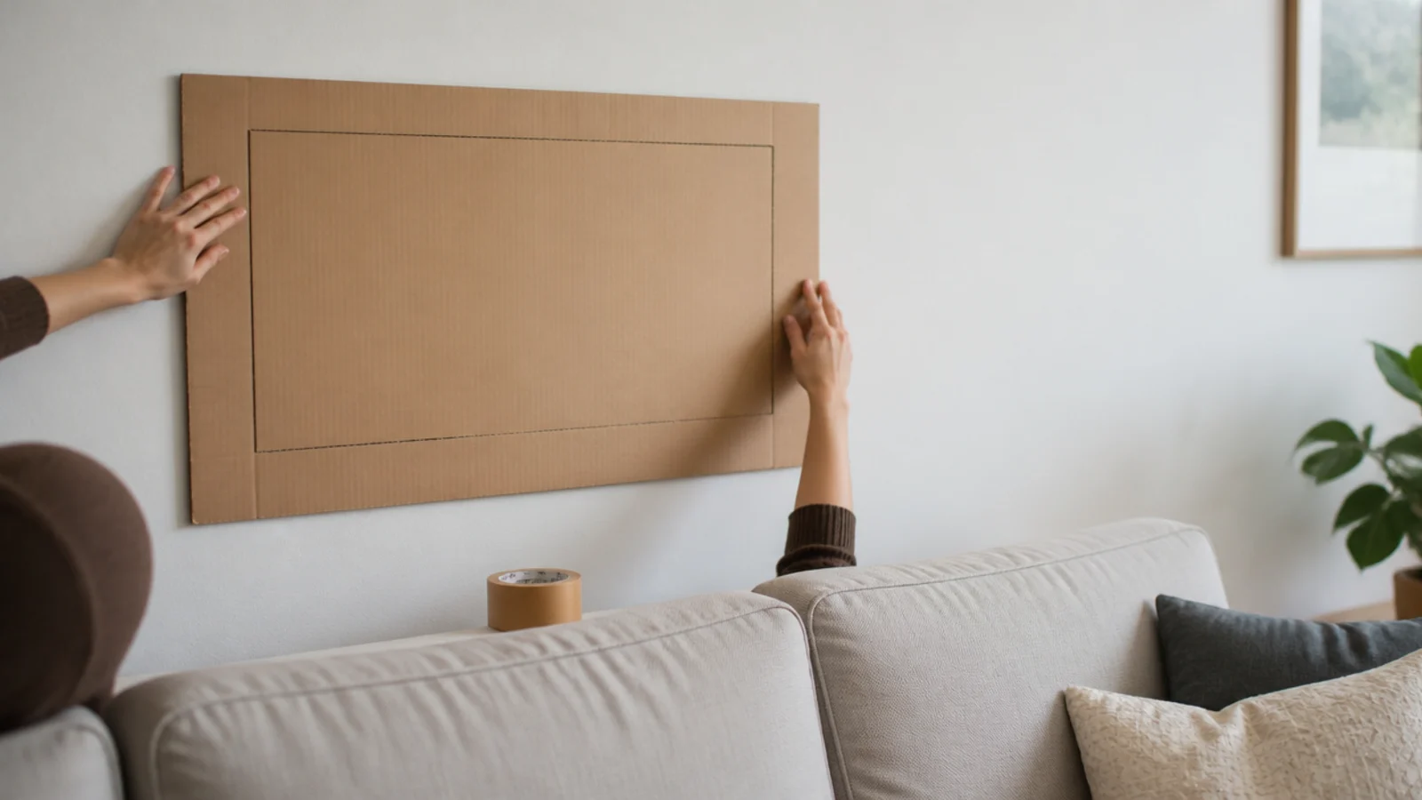 cardboard template cut to a screen size held flat against a wall