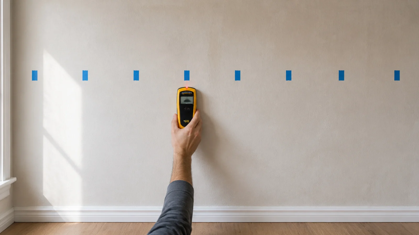 row of painters tape strips marking stud positions along a bare wall