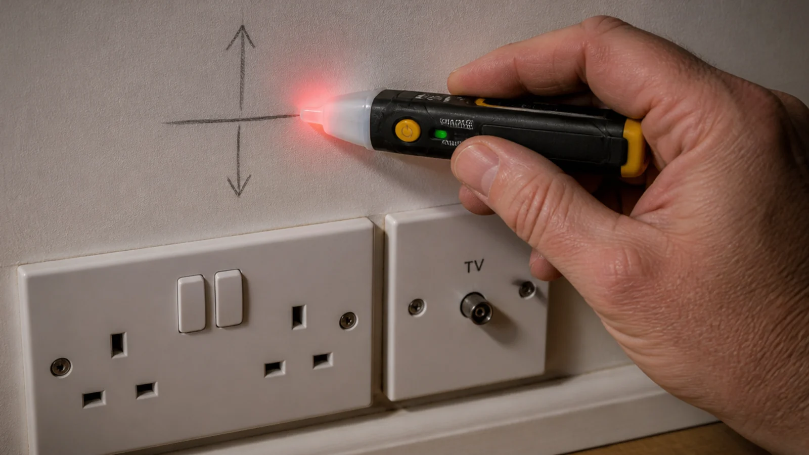 voltage detector held against a wall near a socket and aerial outlet