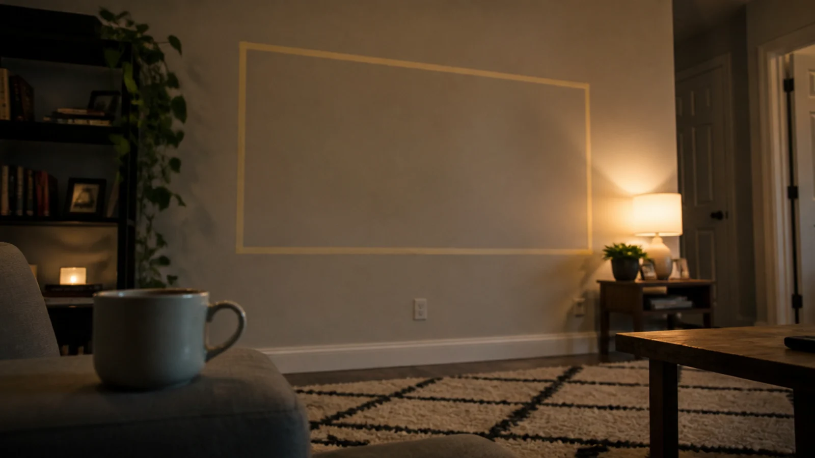 masking tape rectangle marking a proposed screen position on a wall