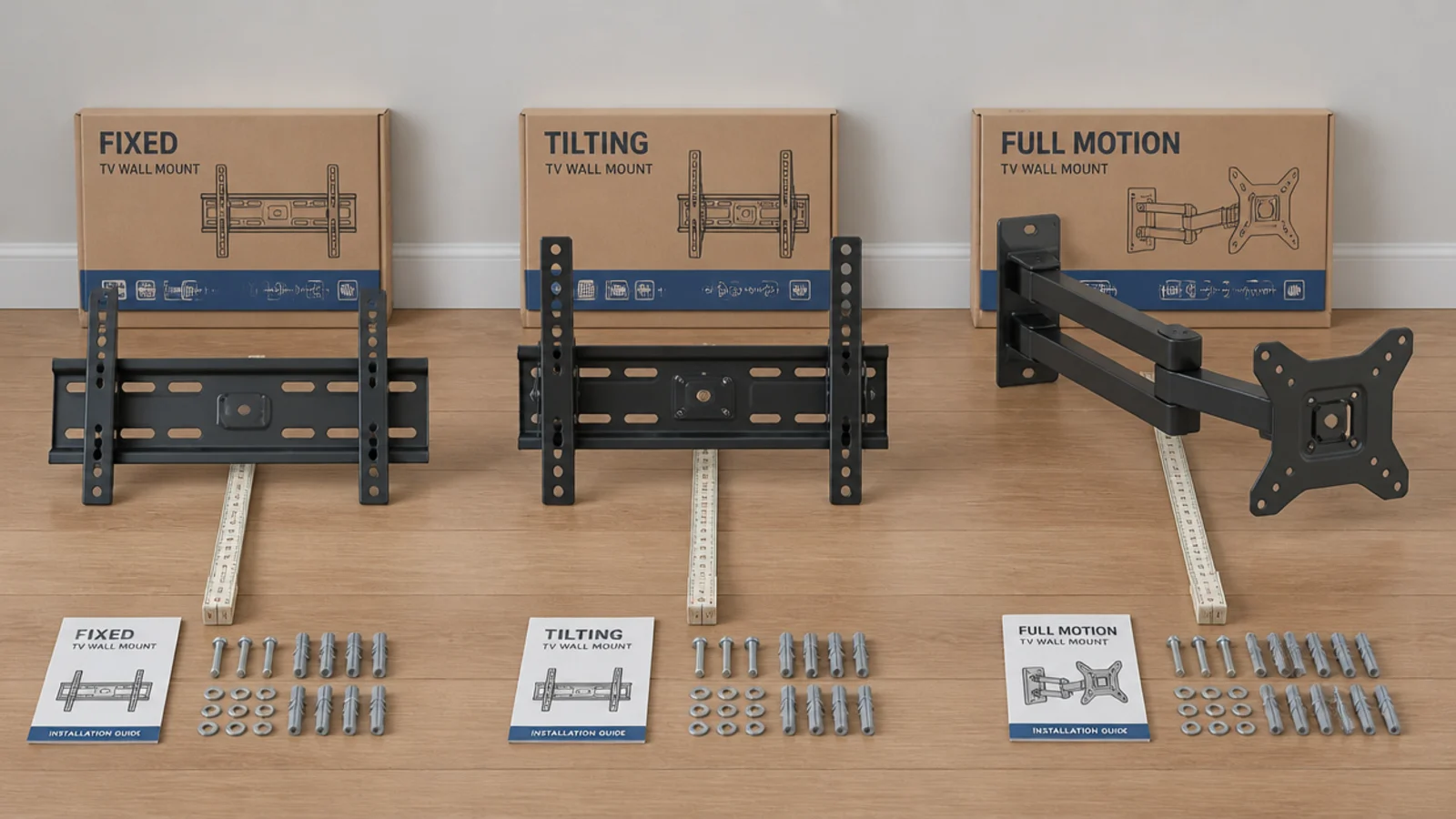fixed tilting and articulated brackets compared side by side on a floor