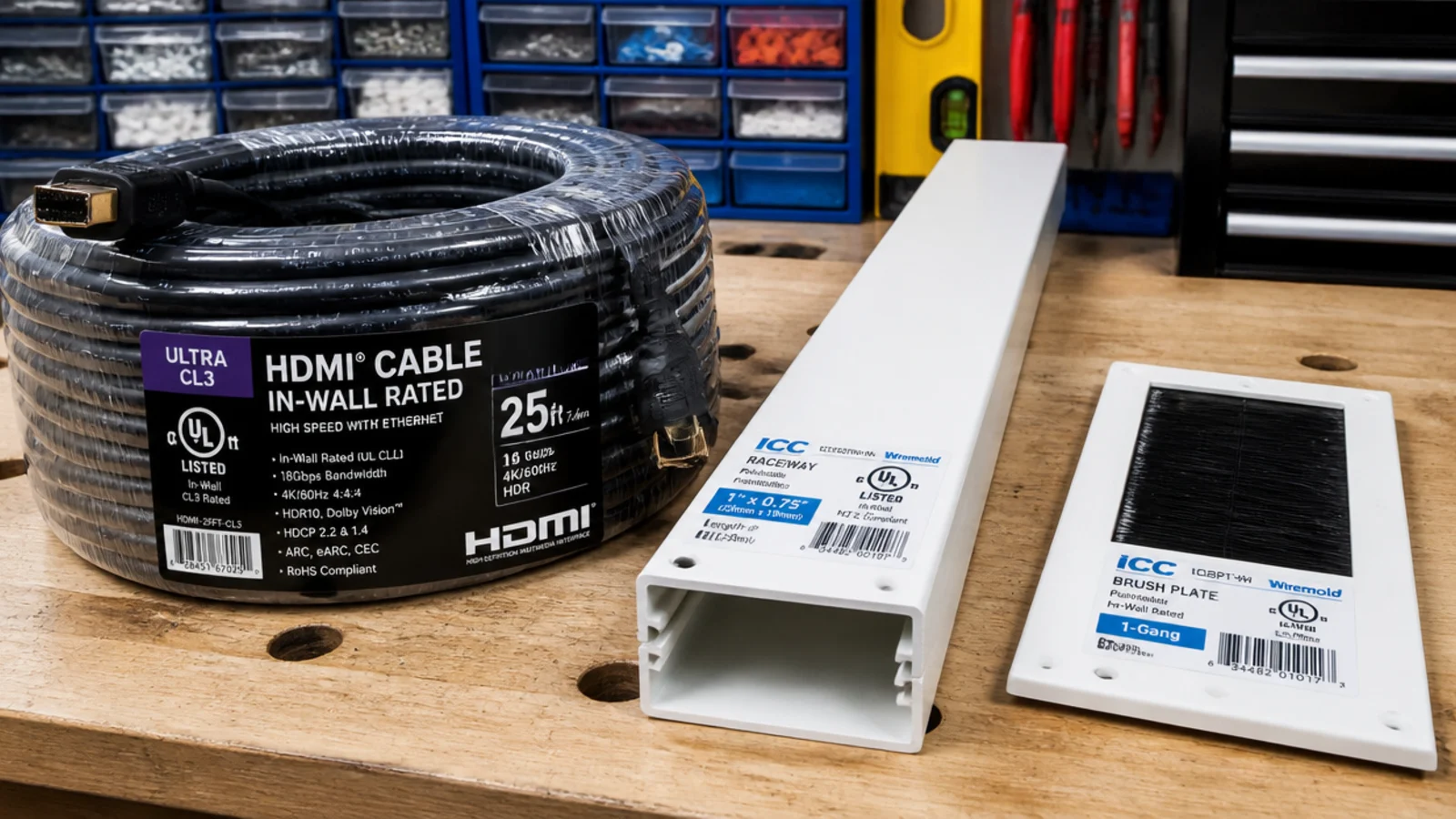 rated in wall cable and a paintable raceway compared on a work surface