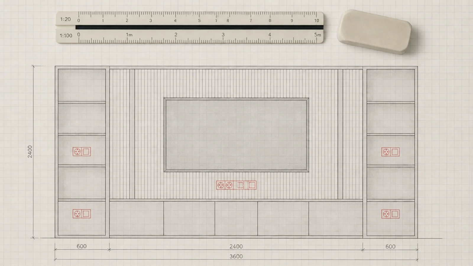 scale elevation drawing of a media wall with services marked in red