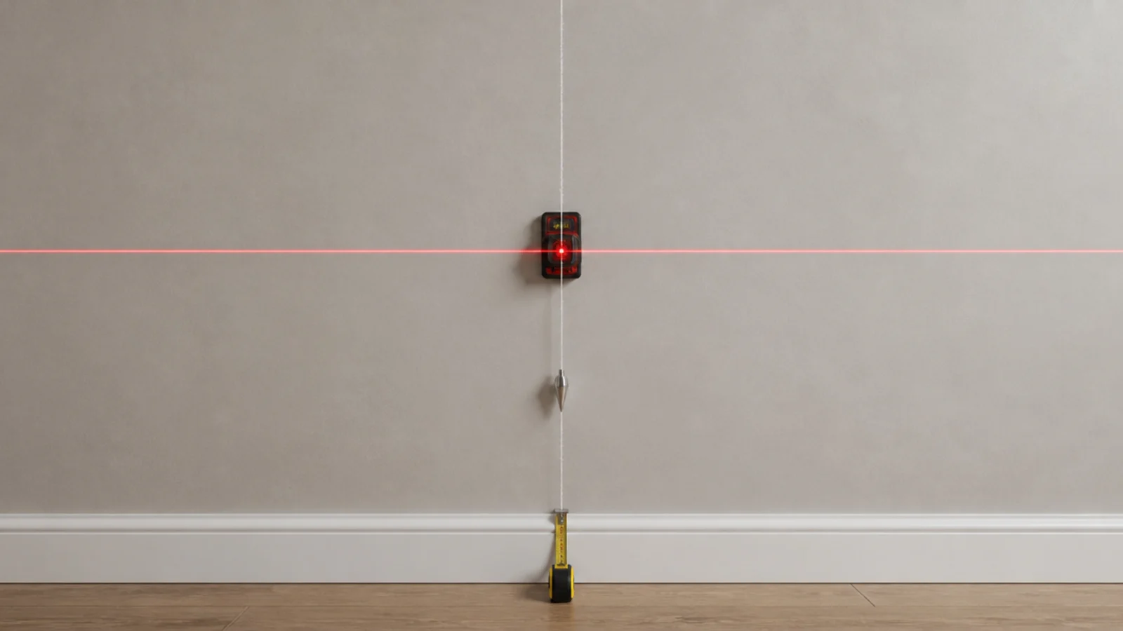 plumb line dropped down a wall marking the central setting out line