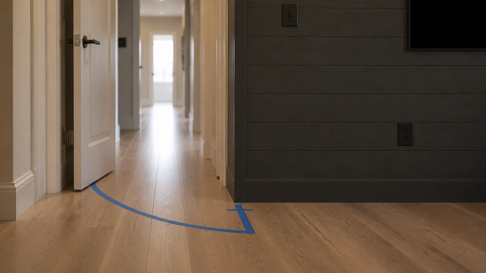 tape arc marked on a floor showing a door swinging past a media wall