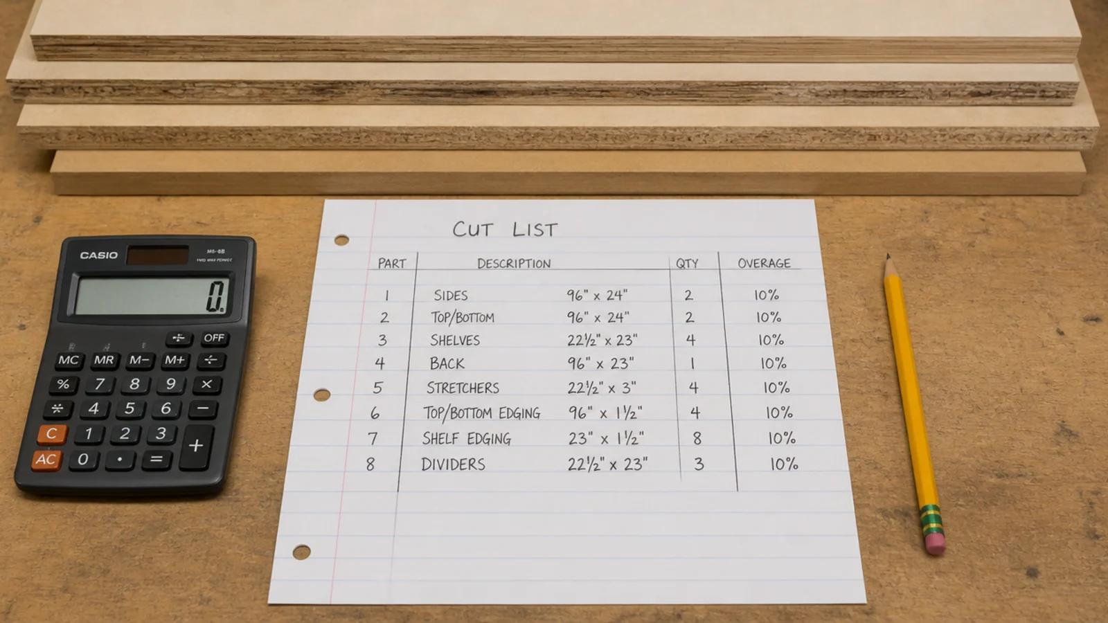 handwritten cut list with quantities and an overage column added
