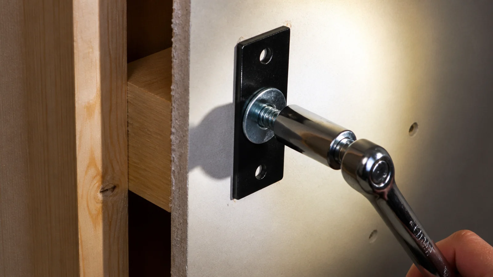 lag bolt being driven through a bracket plate into timber framing