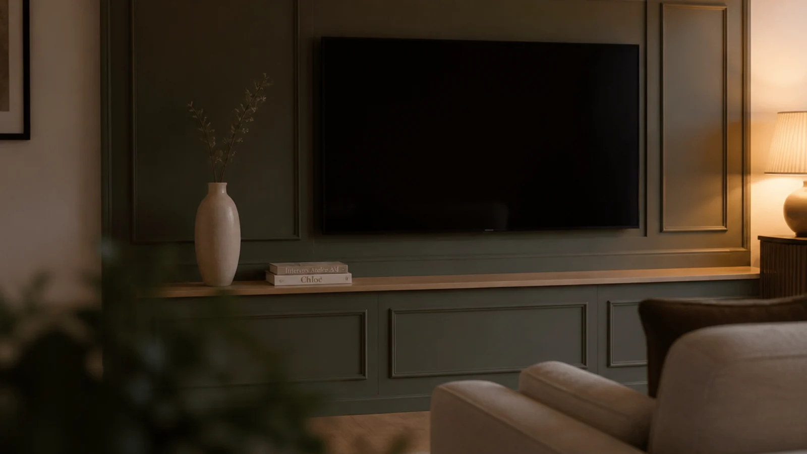 finished media wall styled with two objects and lighting turned low