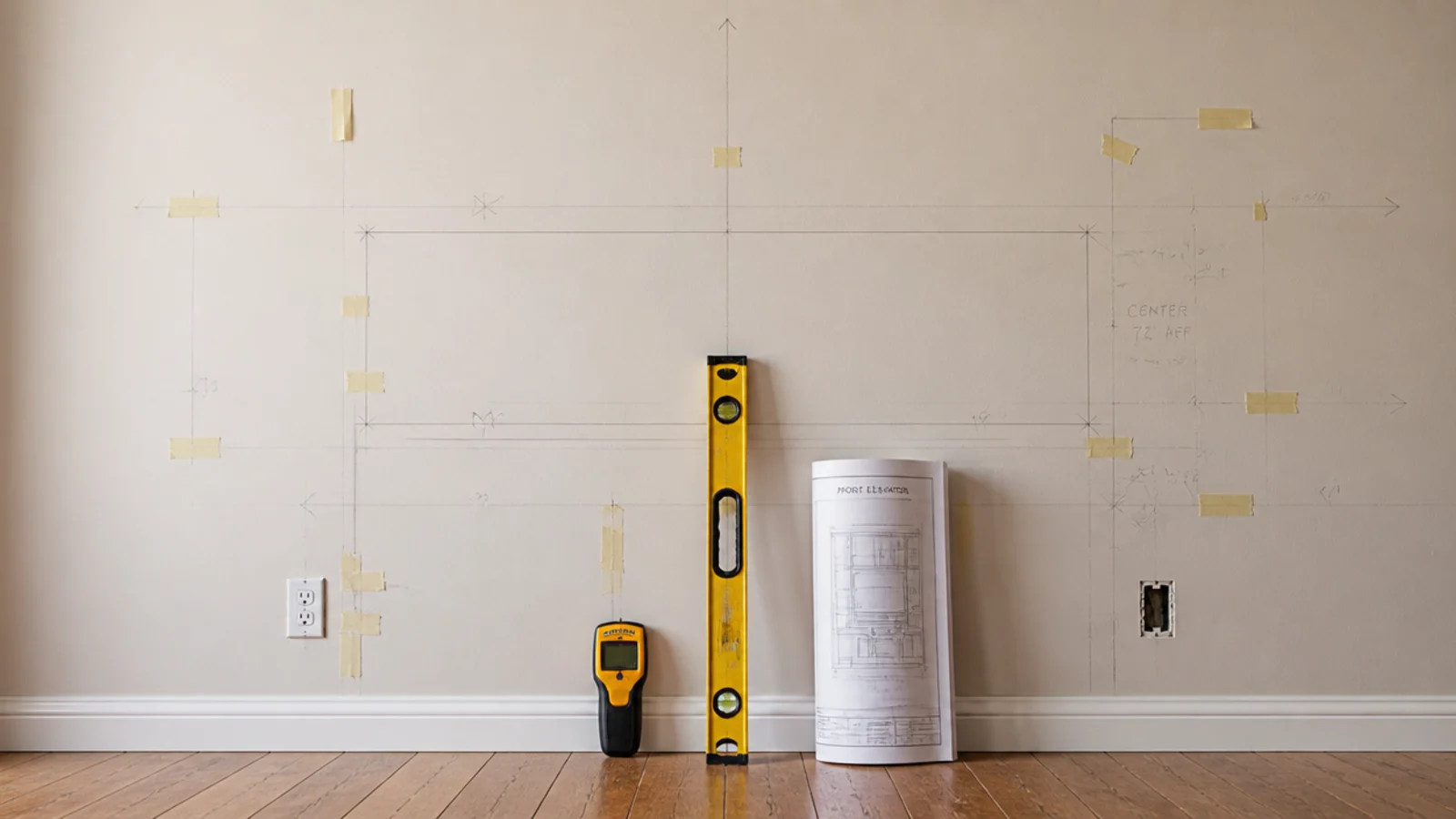 tall view of tv wall ideas being planned with tape marks and tools