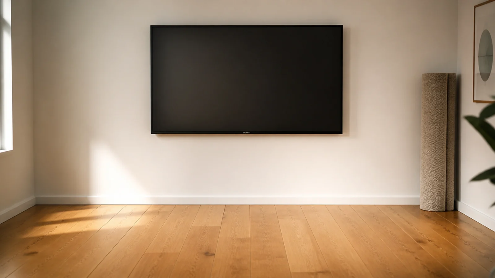 clear floorboards beneath a wall mounted screen with no media stand