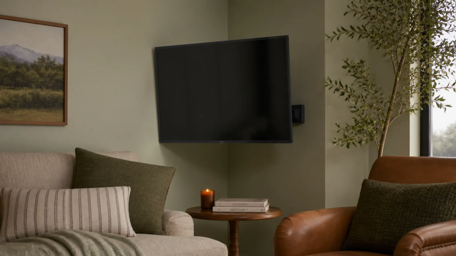 corner mounted television angled into a compact square sitting room