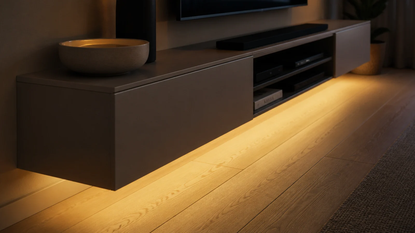 warm strip light glowing beneath a wall hung media unit at night