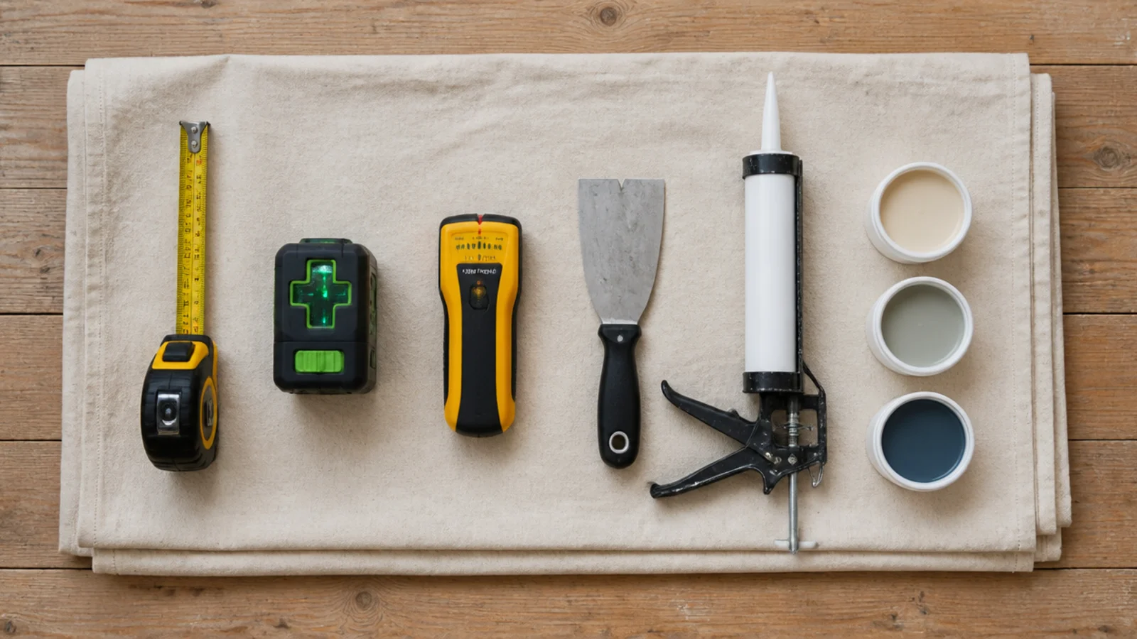 planning and prep tools laid out across a folded canvas dust sheet
