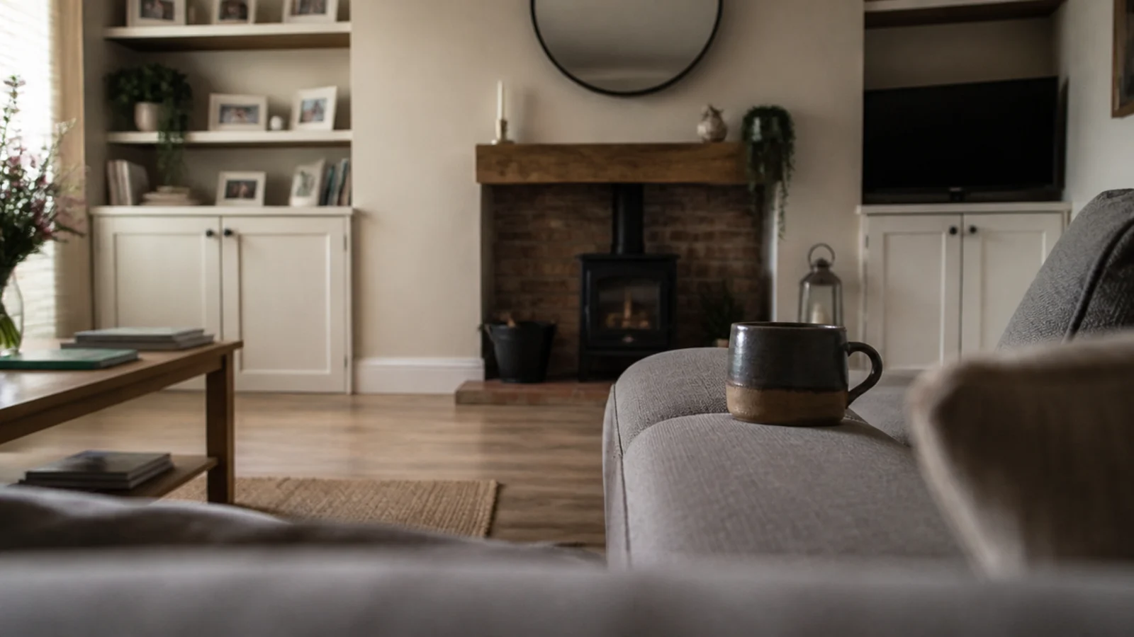 view from a sofa seat showing the wall the room genuinely faces
