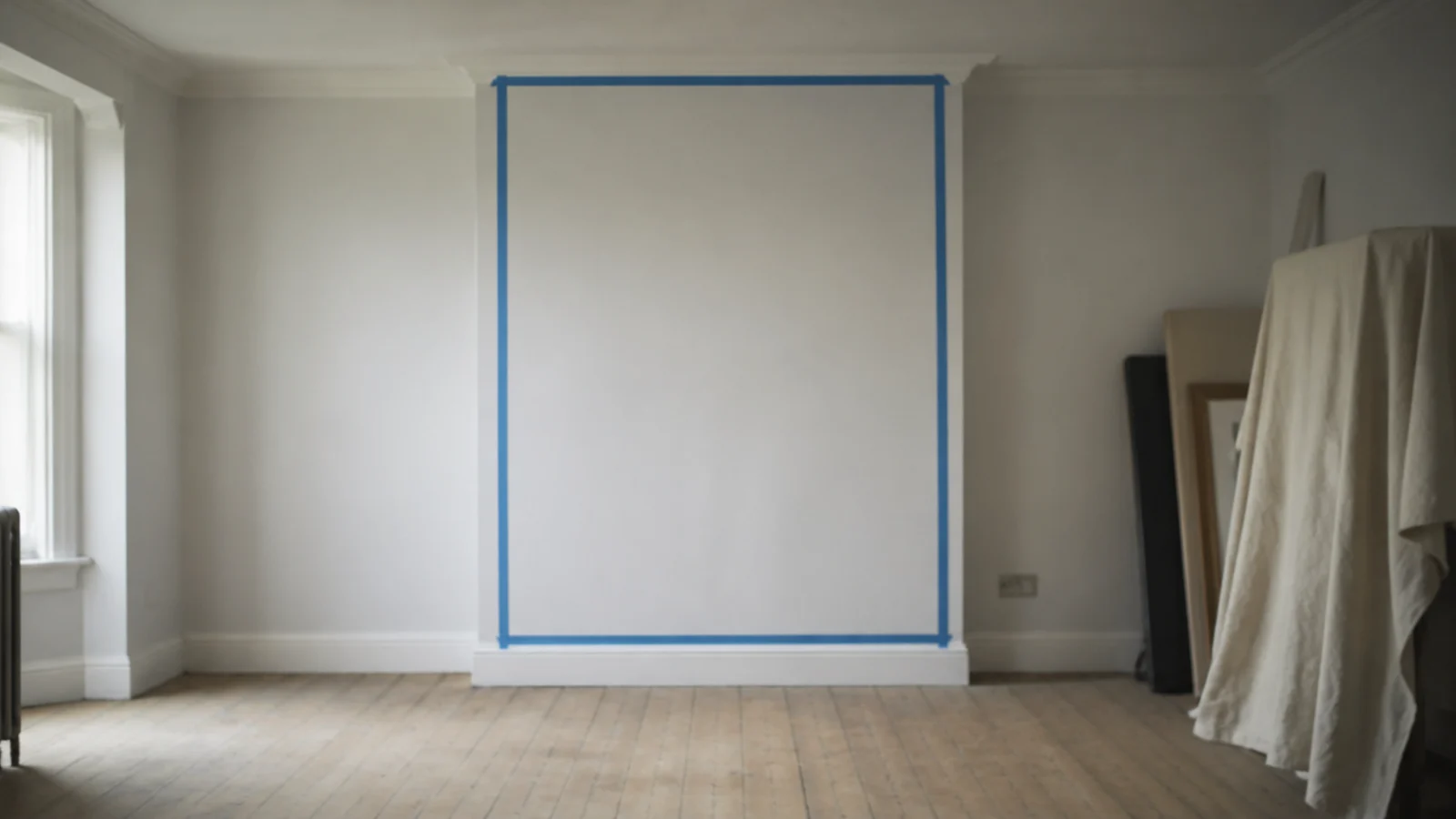 chimney breast marked with tape as the chosen room focal point