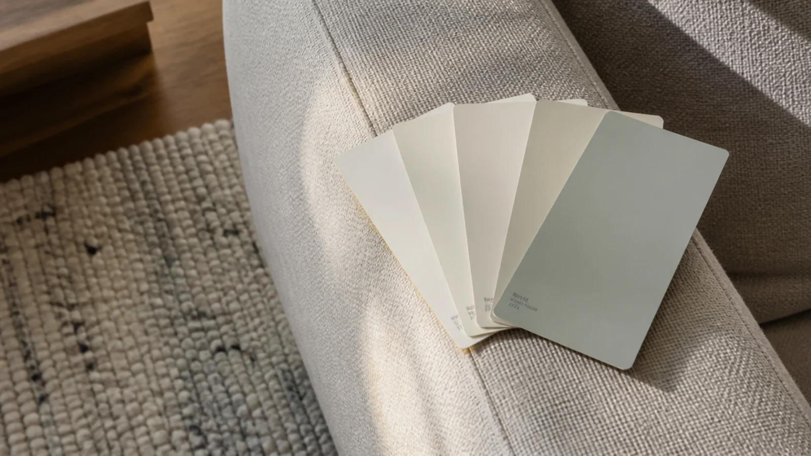 paint samples held against an existing sofa and rug for matching