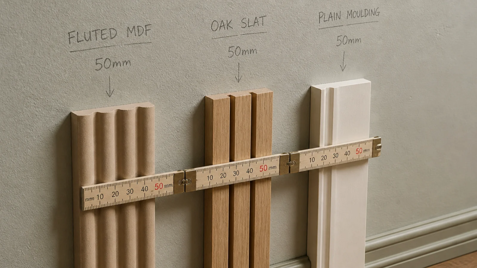 panel and finish samples compared for thickness against a wall