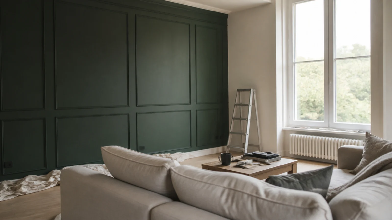 living room wall design taking shape with panelling and a fresh colour