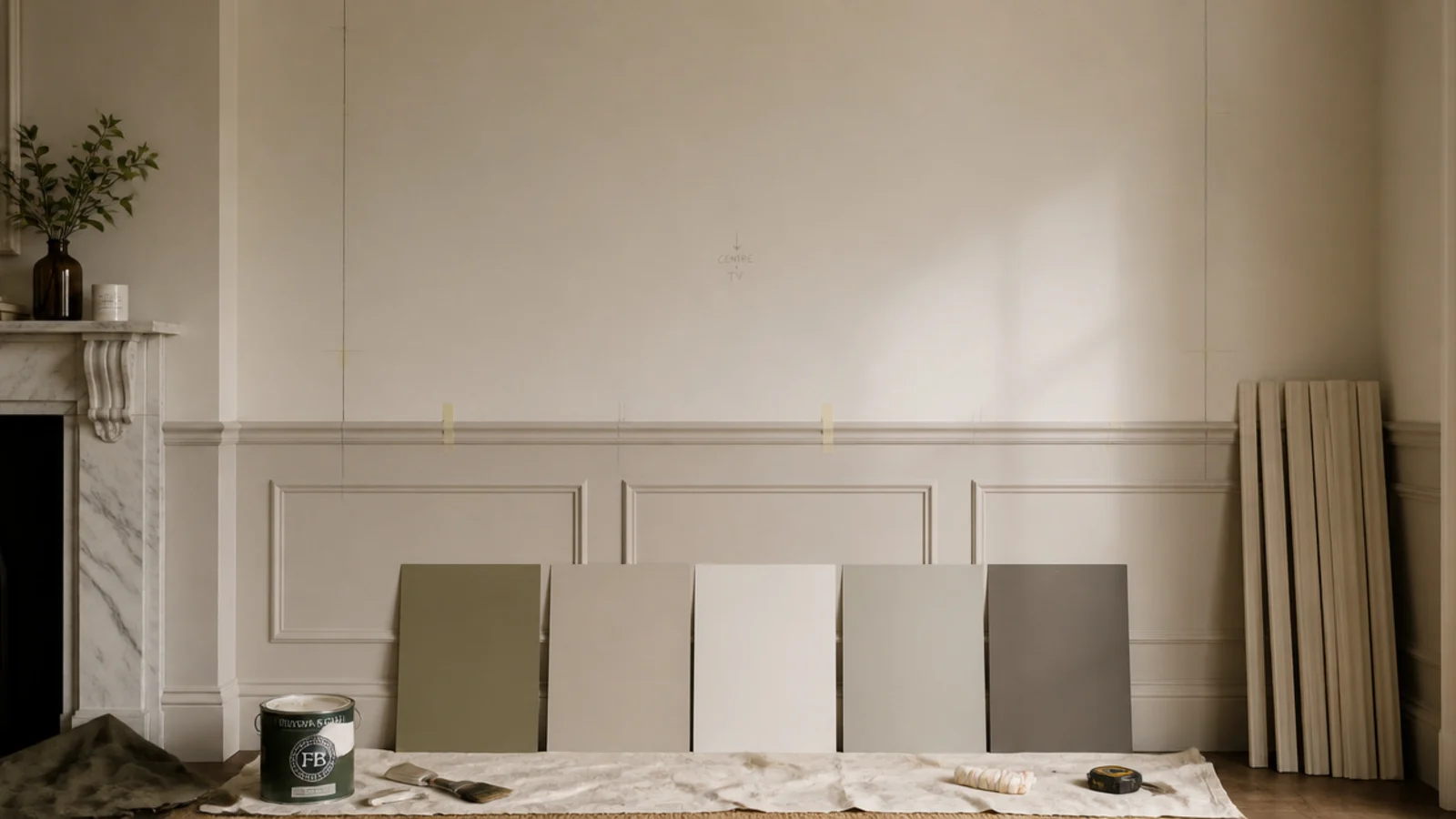tall photo of living room wall design part built with tape and samples