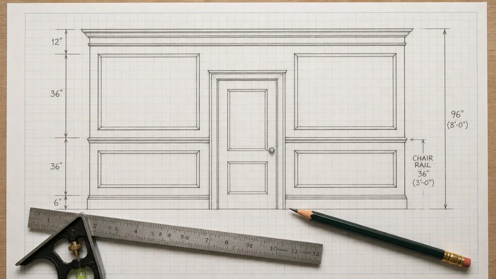 wall elevation sketch with box margins and rail heights dimensioned