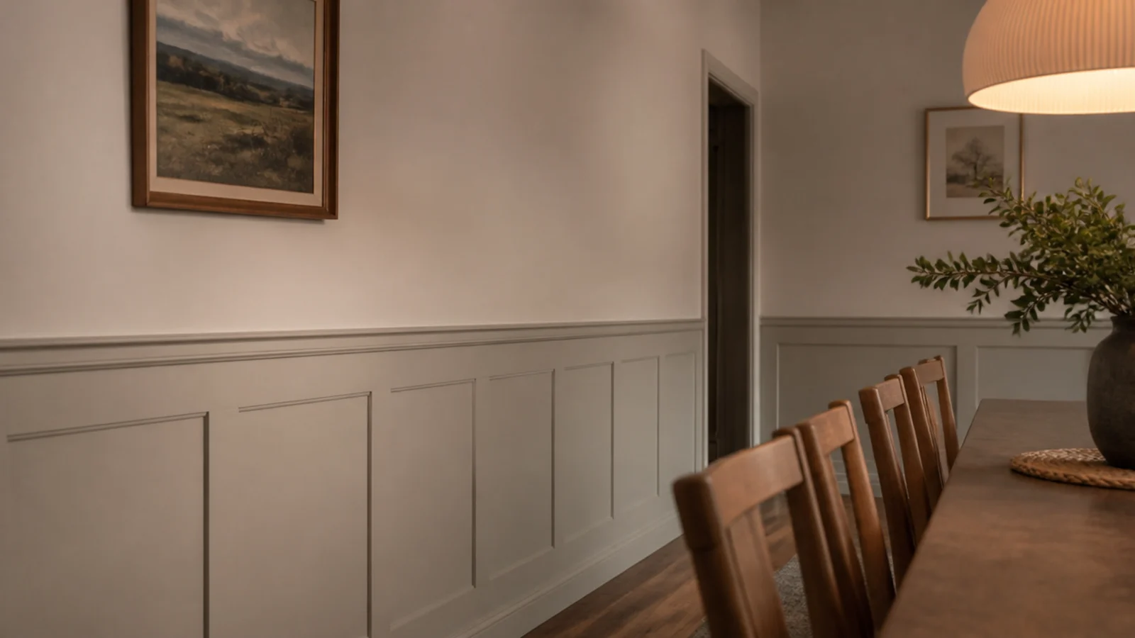 painted molding boxes running below a chair rail in a dining room