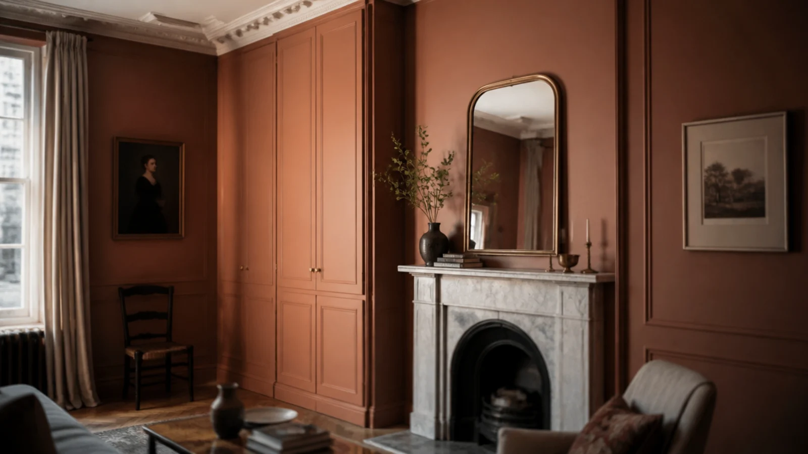 tall molding boxes running the full height of a period living room